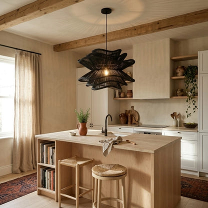 Made Goods Alondra Black Wavy Rattan Pendant Light in Boho Kitchen Island