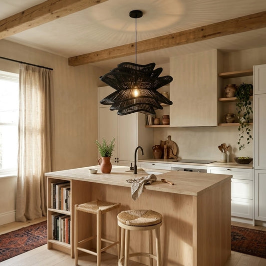 Made Goods Alondra Black Wavy Rattan Pendant Light in Boho Kitchen Island