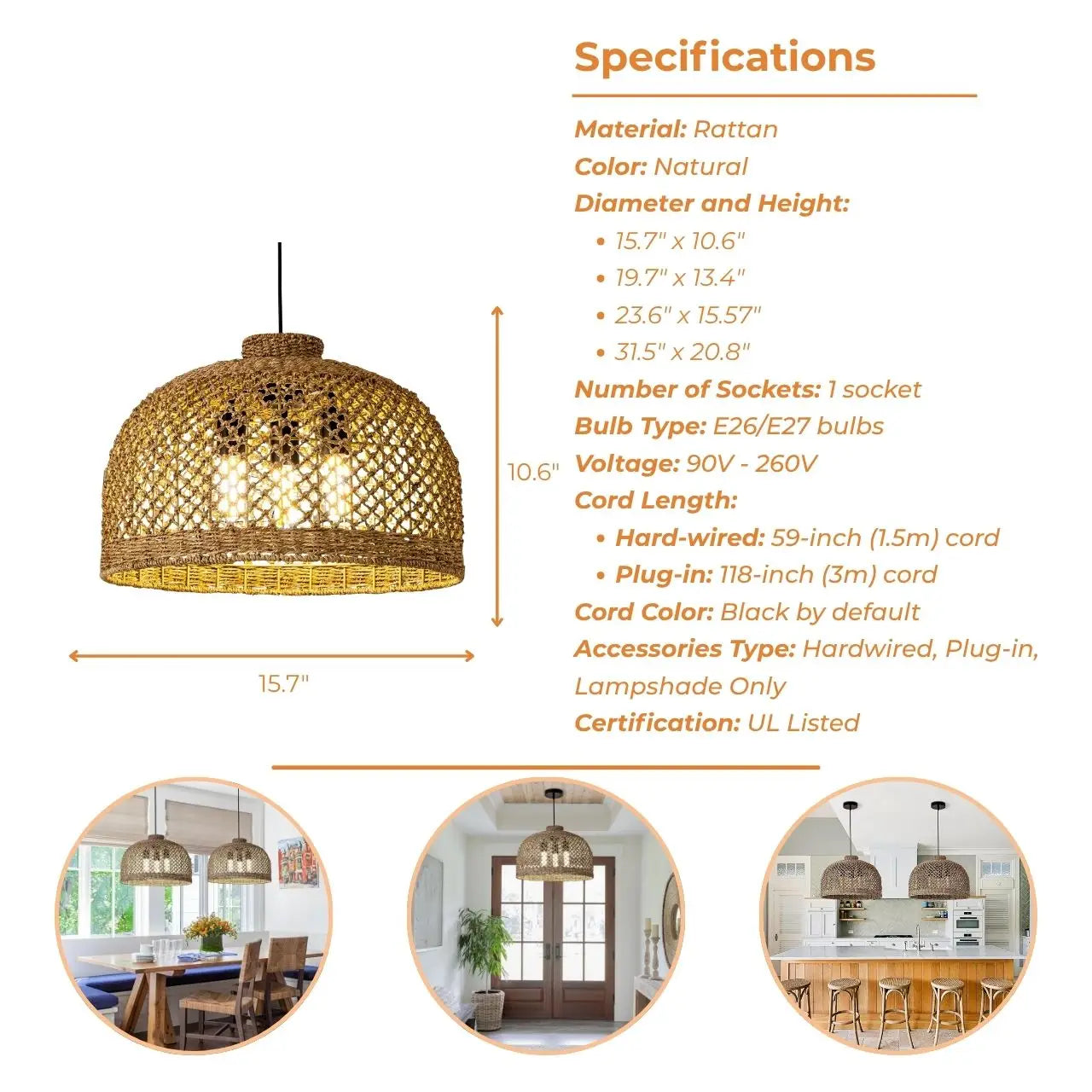 Magnolia Wicker pendant light's specifications
