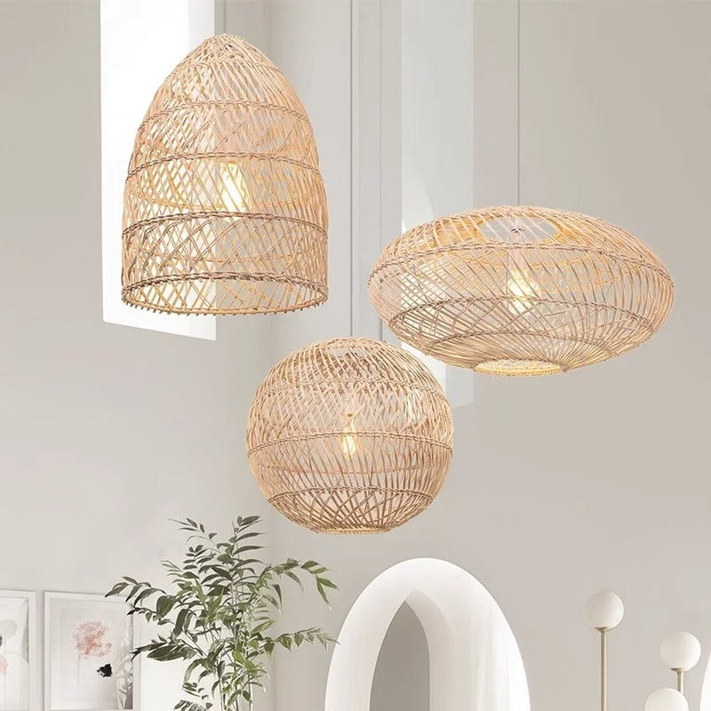 Set 4 Natural Rattan Chandelier Pendant Light Fixtures