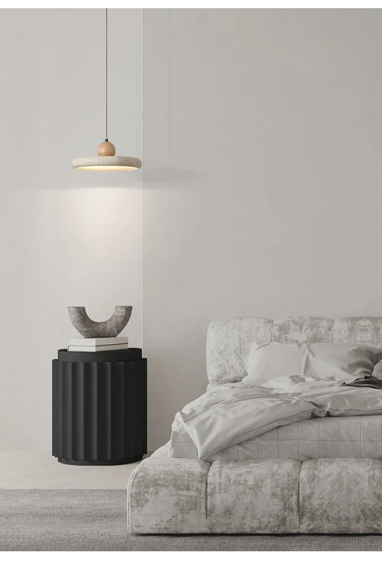 Mannelli Circular Travertine Stone Pendant Light in wabi sabi bedroom