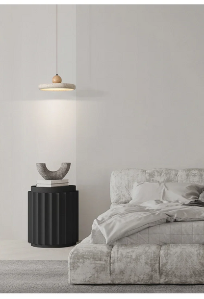 Mannelli Circular Travertine Stone Pendant Light in wabi sabi bedroom