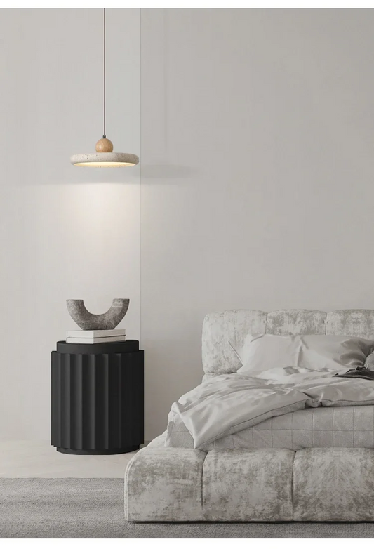 Mannelli Circular Travertine Stone Pendant Light in wabi sabi bedroom