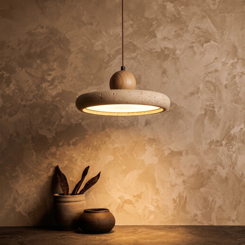 Mannelli Wabi Sabi Circular Travertine Stone and Wood Pendant Light