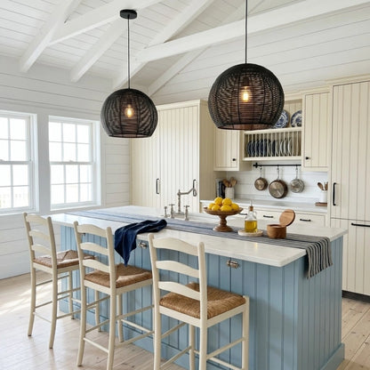 Manor Brook Verona Small Black Rattan Pendant Light in Coastal Kitchen Island