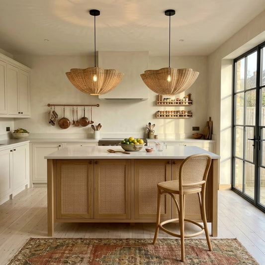 Marion Scallop Woven Wicker Rattan Pendant Light in Boho Kitchen Island