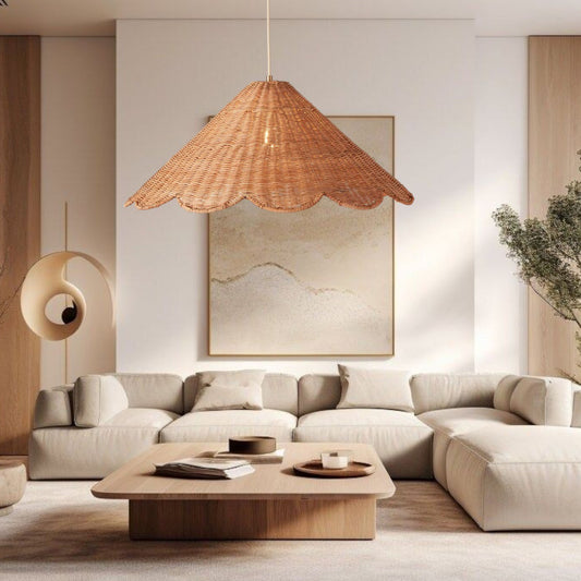 Maude Scallop Boho Rattan Wicker Pendant Light in Wabi Sabi Living Room