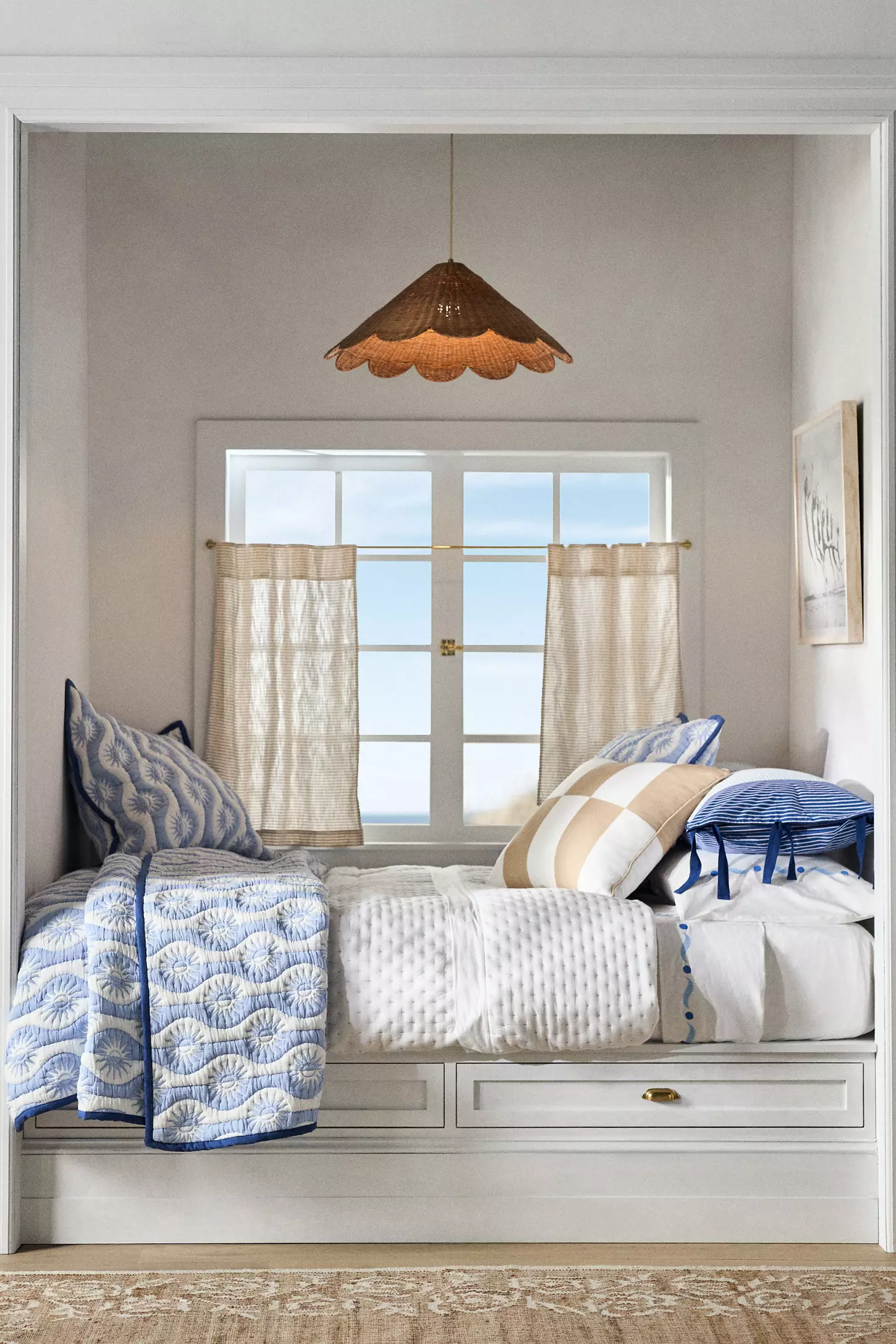 Maude Scallop Rattan Pendant Light over Coastal Bedroom