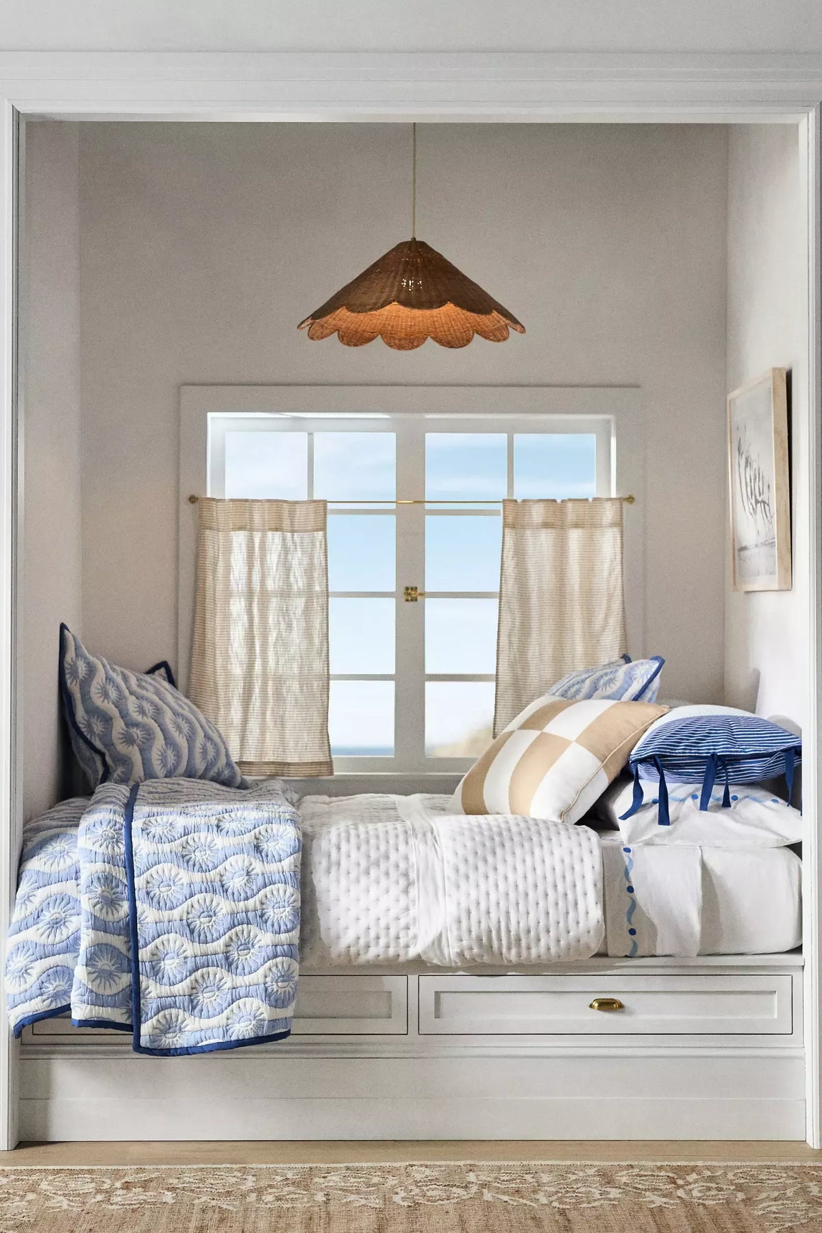 Maude Scallop Rattan Pendant Light over Coastal Bedroom