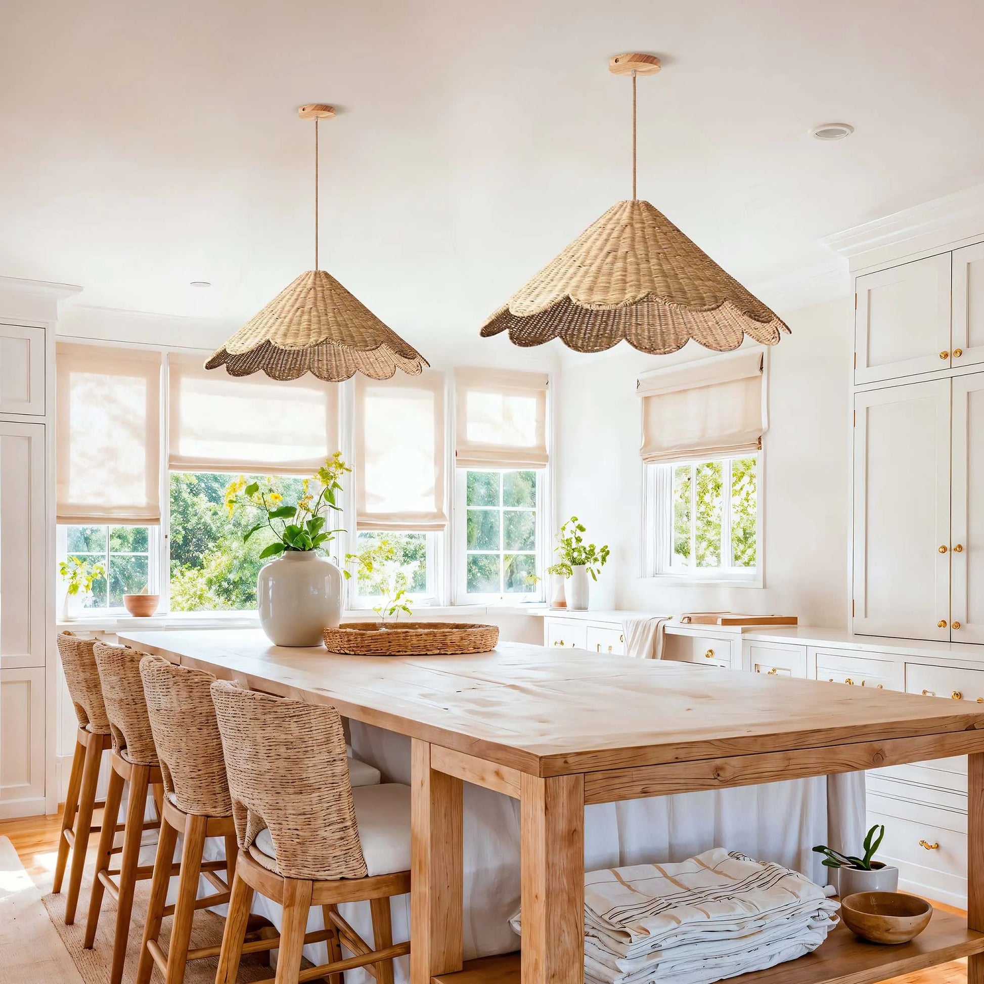 Maude Scallop Rattan Pendant Lights over Boho Kitchen Island