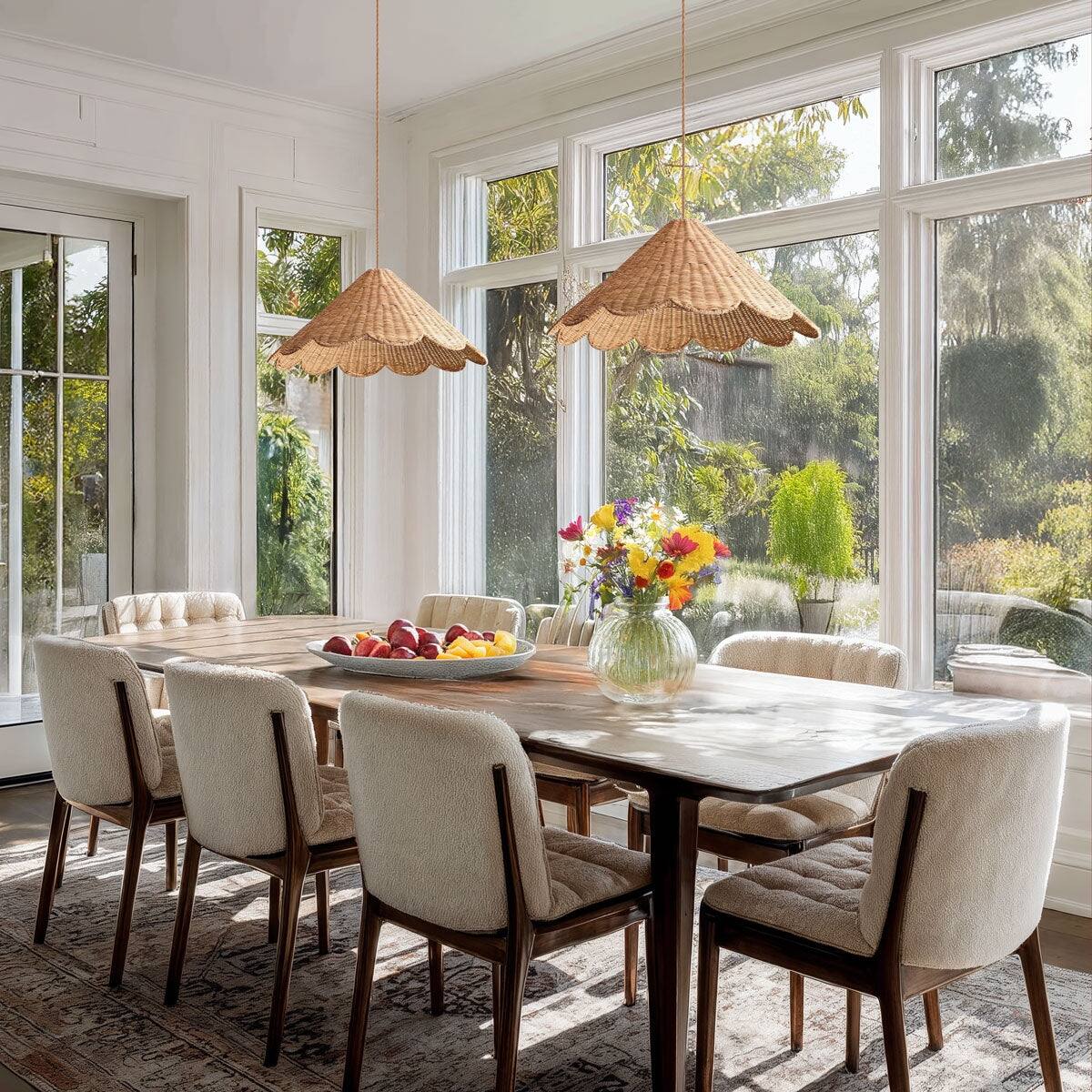 Maude Scallop Rattan Pendant Lights over Farmhouse Kitchen Island
