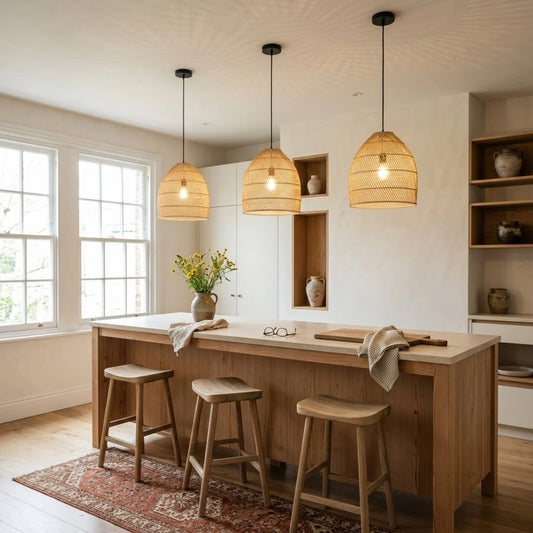 Maya Bamboo Rattan Pendant Light in Boho Kitchen Island