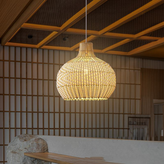 Merock White Rattan Dome Wicker Pendant Light for Japanese Home Spaces
