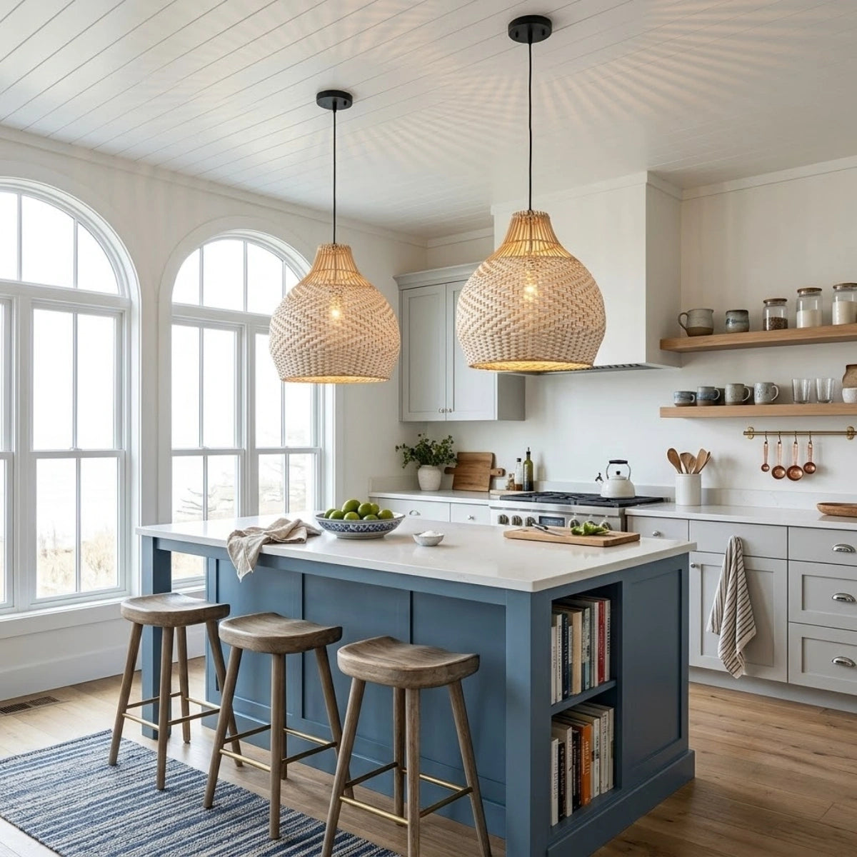 Merock White Rattan Dome Wicker Pendant Light in Coastal Kitchen Island