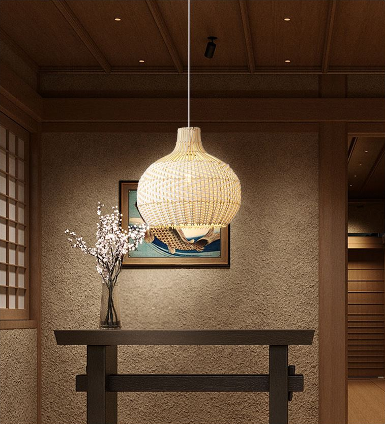Merock White Rattan Dome Wicker Pendant Light in Zen Room