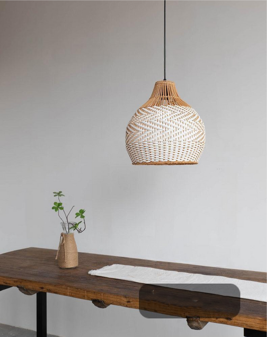 Merock White Rattan Dome Wicker Pendant Light over Dining Table