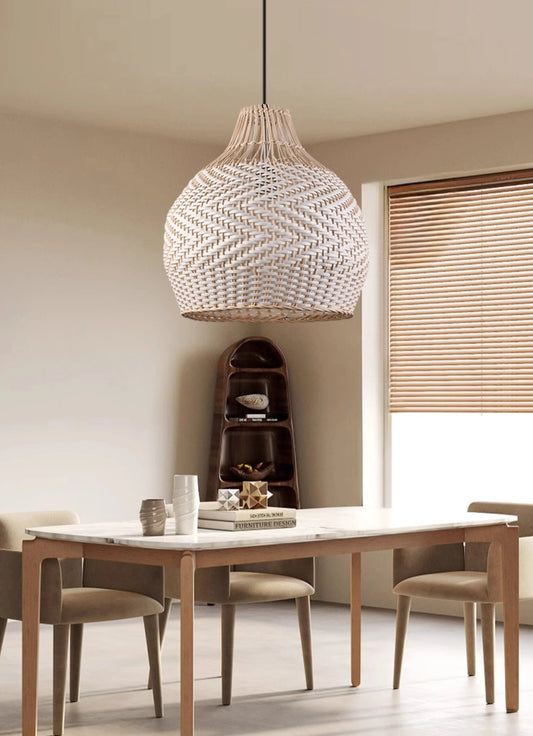 Merock White Rattan Dome Wicker Pendant Light over Japandi Dining Room