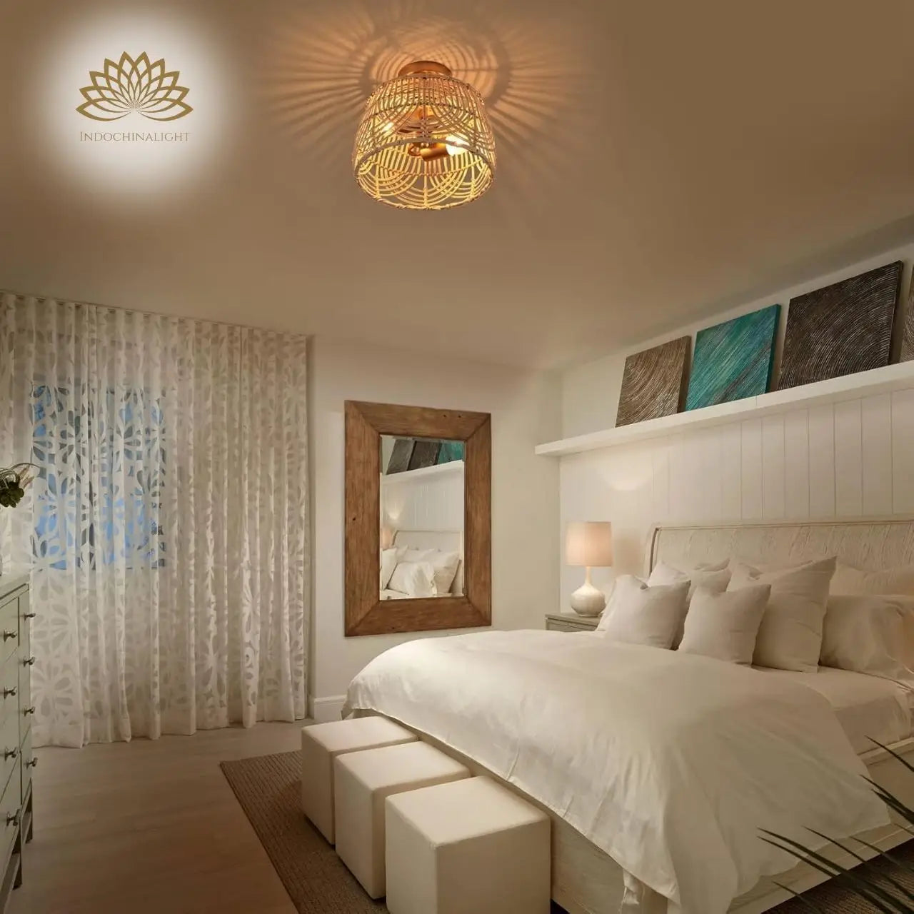 MhyTogn Semi Flush Mount Rattan Ceiling Light for bedroom