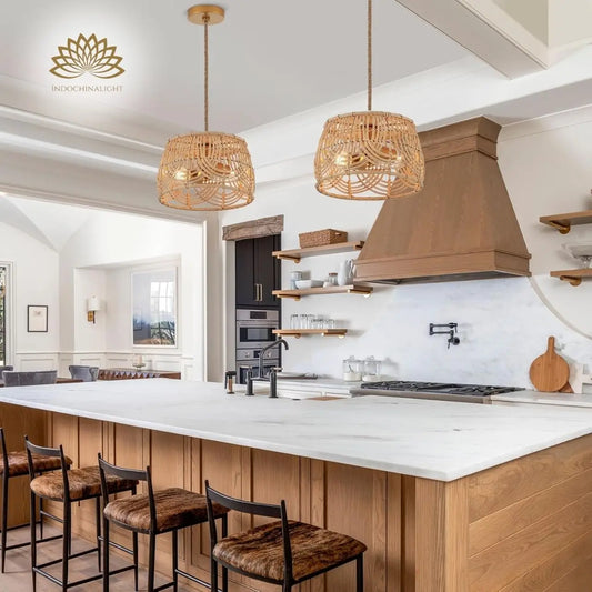 MhyTogn Semi Flush Mount Rattan Ceiling Light for kitchen island