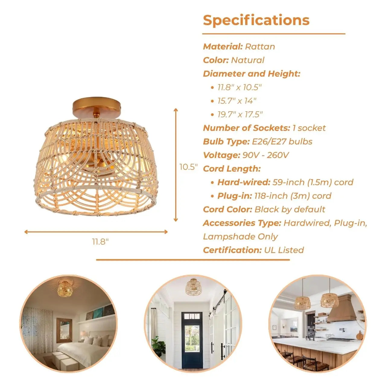MhyTogn Semi Flush Mount Rattan Ceiling Light's specifications