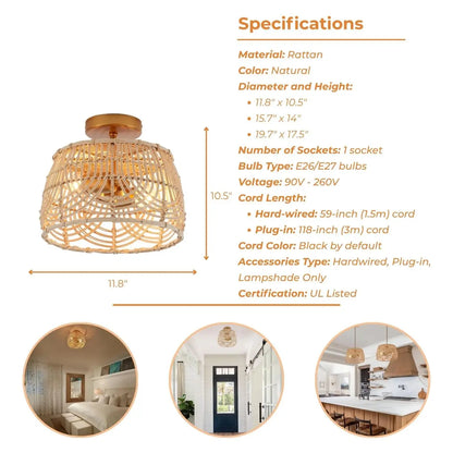 MhyTogn Semi Flush Mount Rattan Ceiling Light's specifications