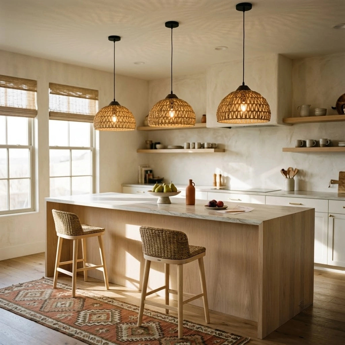 Milford Rattan Pendant Light, Small Dome Basket Weave in Boho Kitchen Island