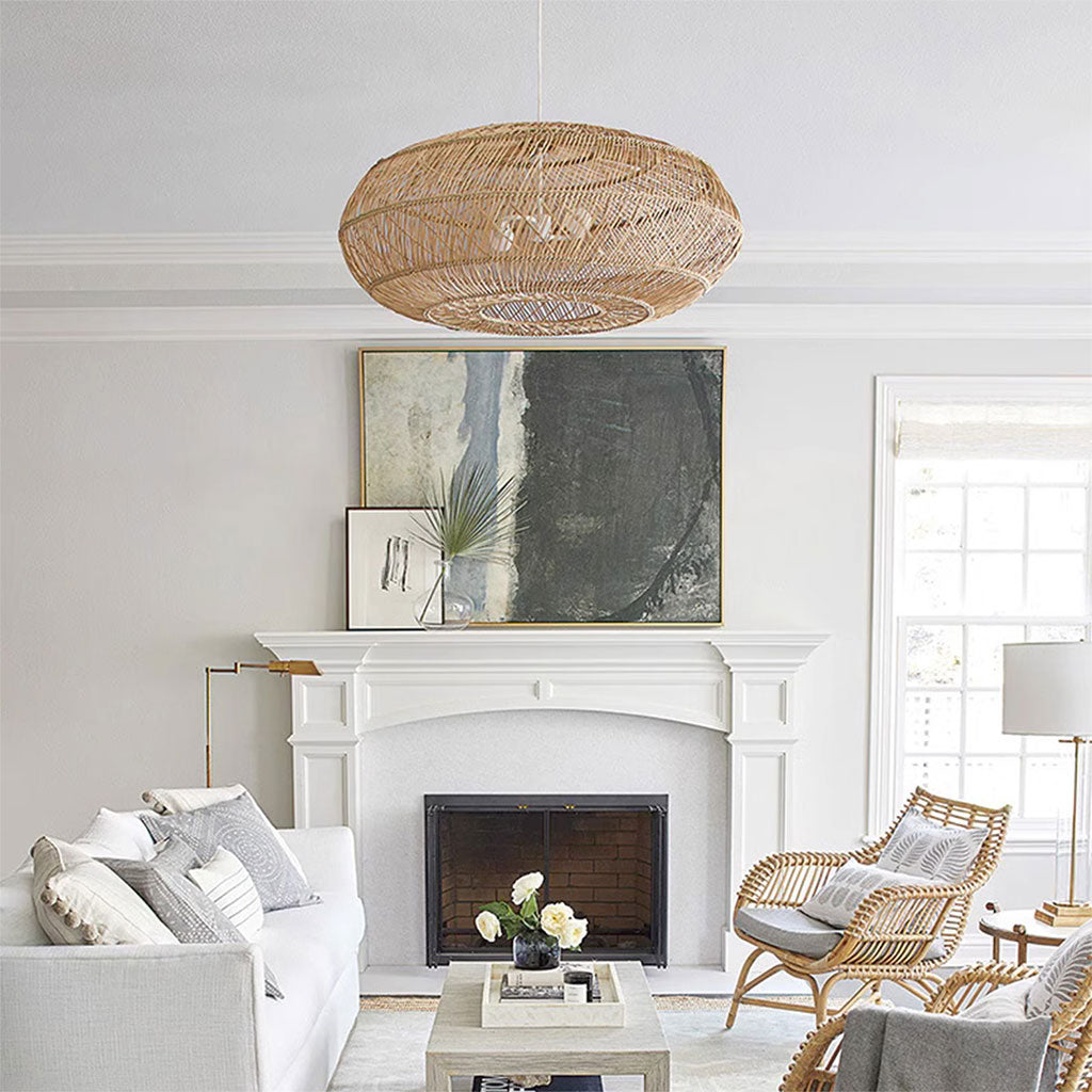 Minna rattan pendant hangs over Bohemian living room