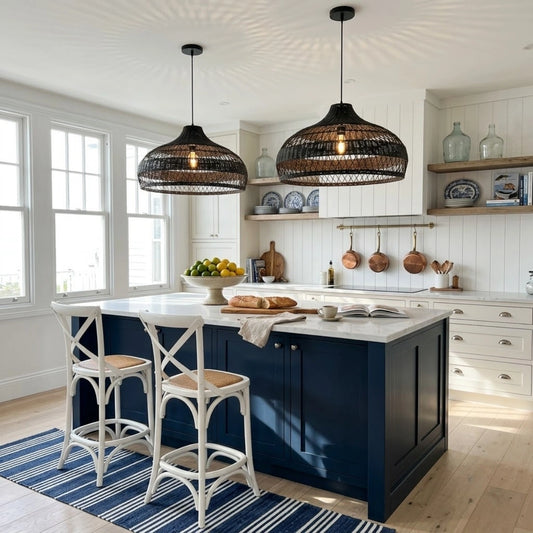 Moijabana Black Woven Wicker Rattan Dome Basket Pendant Light in Coastal Kitchen Island