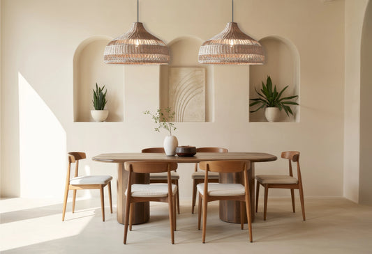 Moijabana rattan dome basket pendant light in Japandi Dining Room