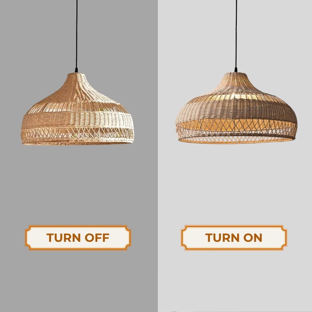 Moijabana rattan wicker woven dome basket pendant light when turn on and turn off
