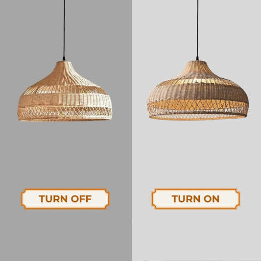 Moijabana rattan wicker woven dome basket pendant light when turn on and turn off
