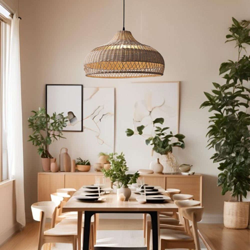 Moijabana woven wicker dome basket rattan pendant light over Wooden Dining Table