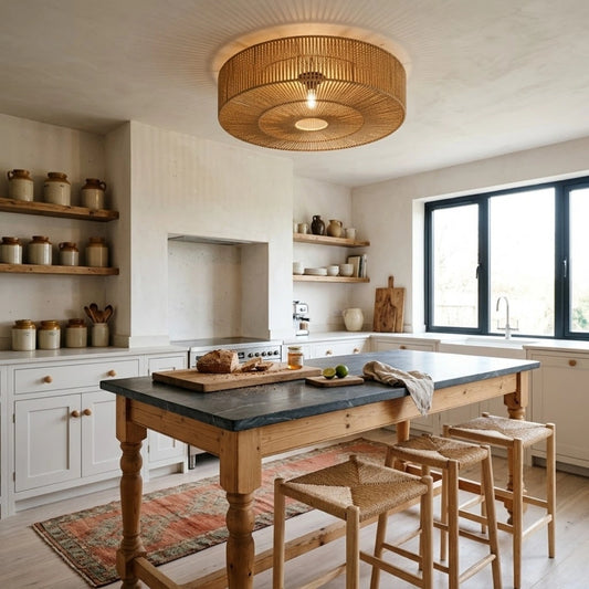 Monike Classic Large Rattan Drum Light Flush Mount in Boho Kitchen Island