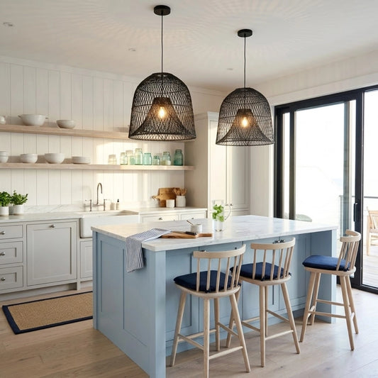 Nassa Black Rattan Pendant Light in Coastal Kitchen Island