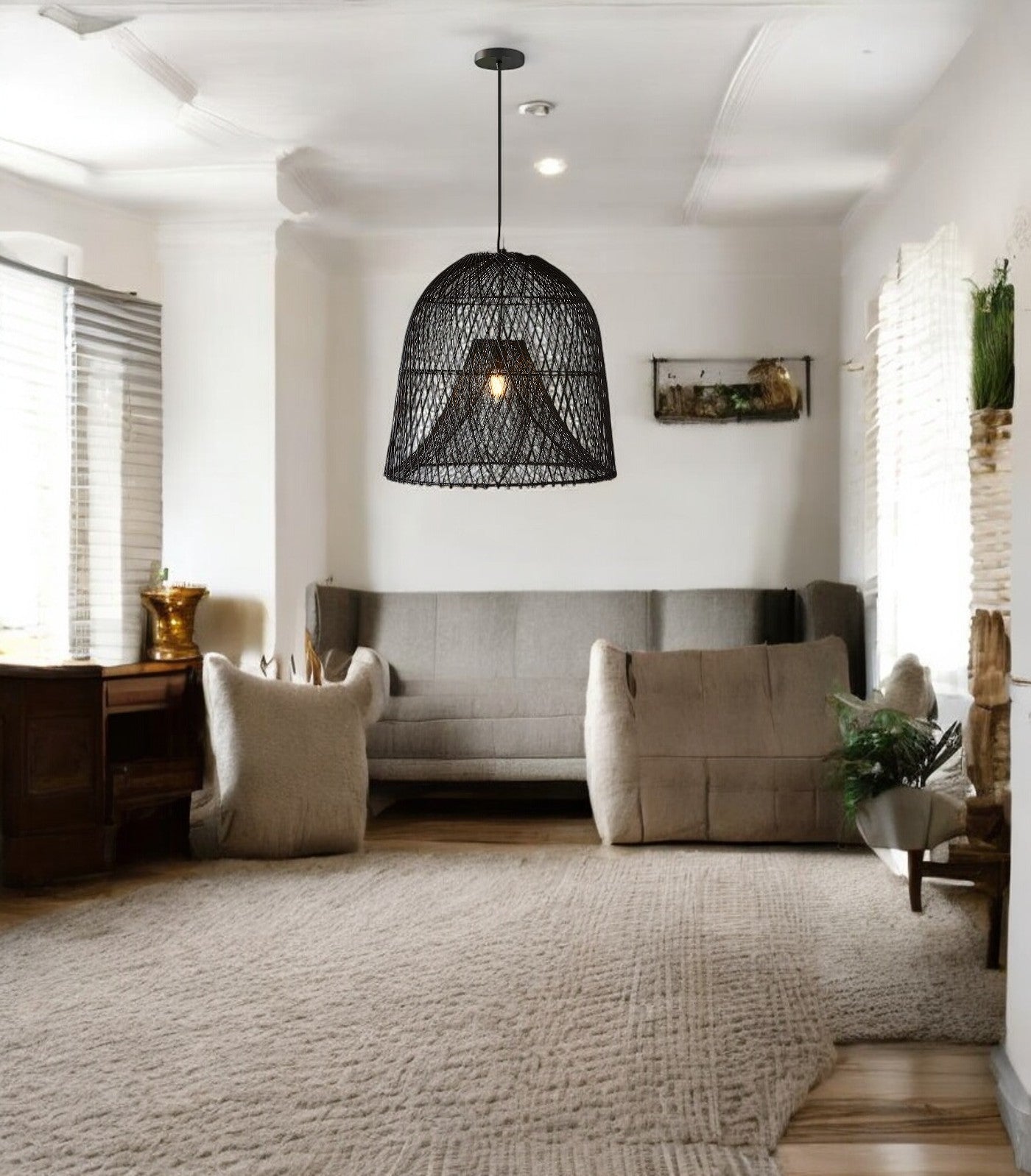 Nassa Black Rattan Pendant Light Shade contrast with white room