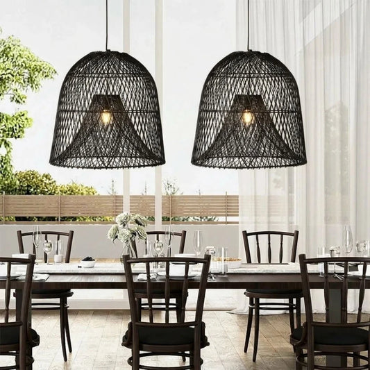 Nassa Black Rattan Pendant Lights over Dining Table