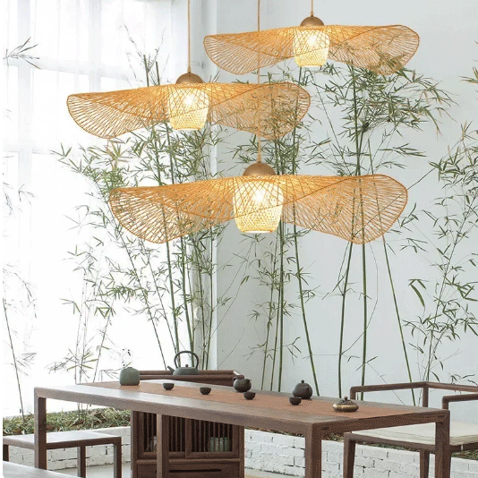 Natural Lotus Leaf Woven Bamboo Pendant Light above the dining table
