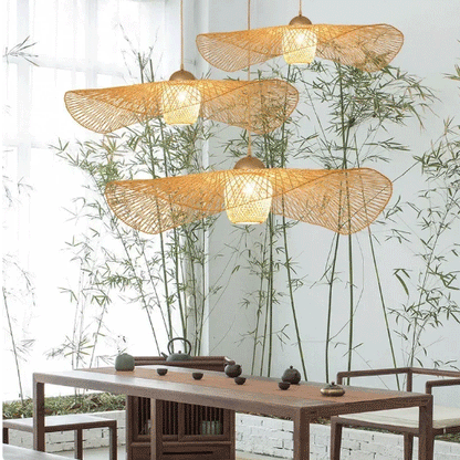 Natural Lotus Leaf Woven Bamboo Pendant Light above the dining table