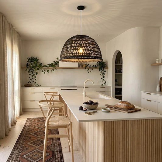 Neroweave Extra Large Black Dome Rattan Pendant Light in Boho Kitchen Island