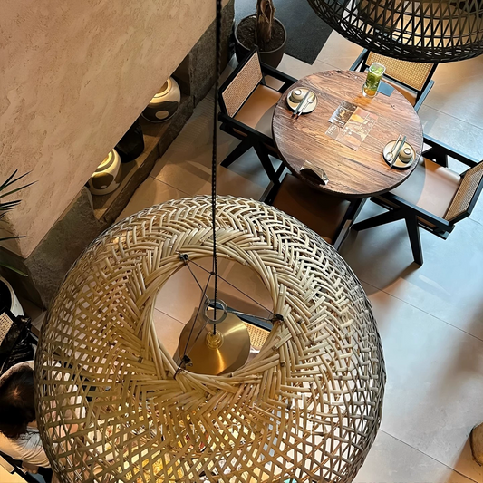 Neroweave Extra Large Black Dome Rattan Pendant Lights over Cafe