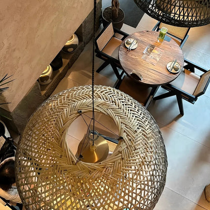 Neroweave Extra Large Black Dome Rattan Pendant Lights over Cafe