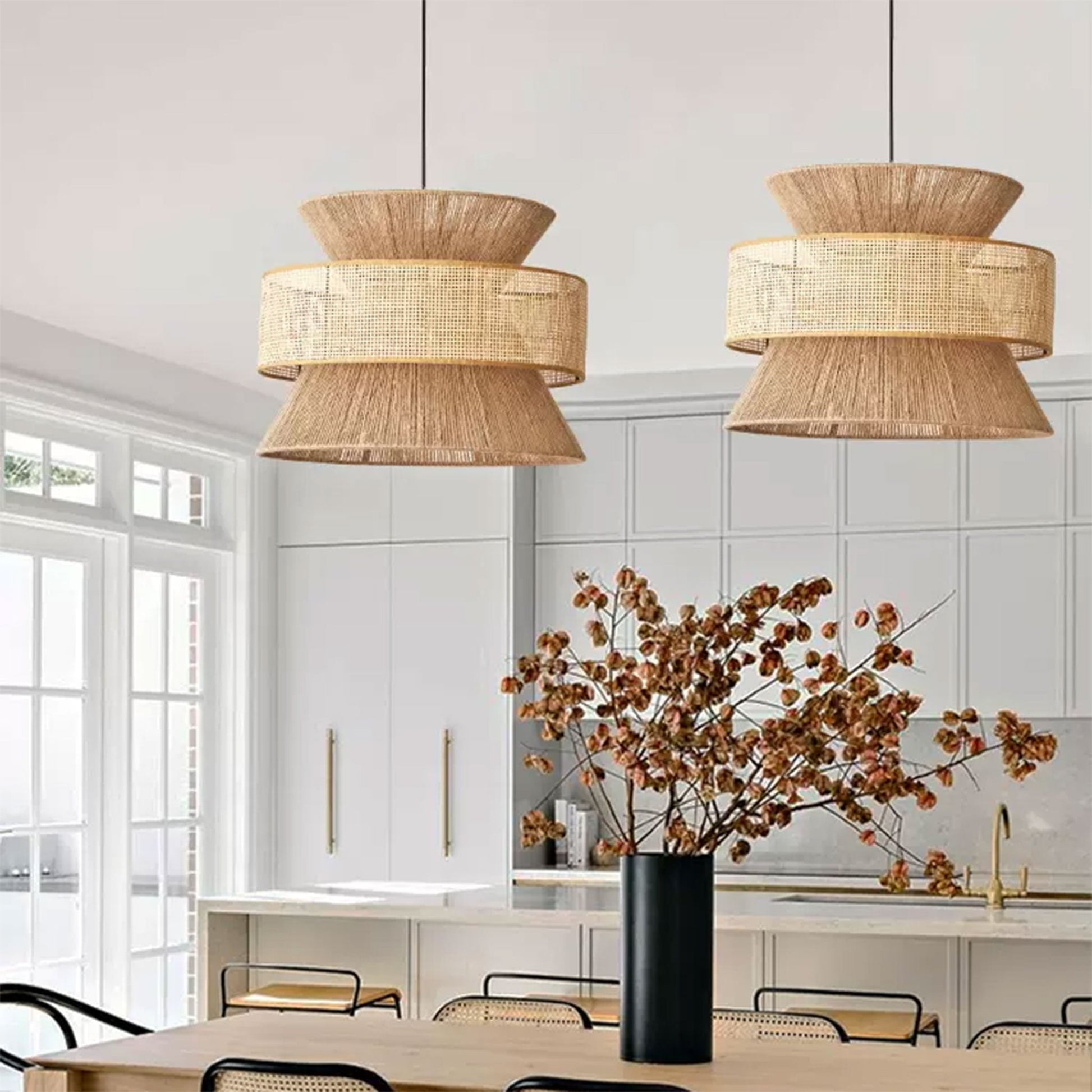 Nimes Rattan Drum Pendant Light over Dining Table