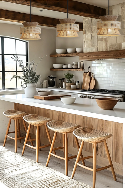 Nimes Rattan Drum Pendants over Kitchen Island