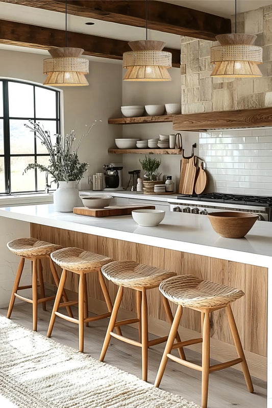 Nimes Rattan Drum Pendants over Kitchen Island