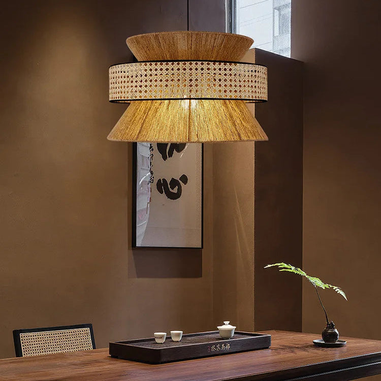 Nimes Wabi Sabi Rattan Drum Pendant Light over Dining Table