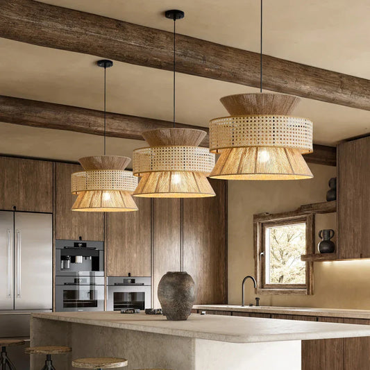 Nimes Wabi Sabi Rattan Drum Pendant Light over Kitchen Island