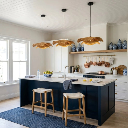 Nina Campbell Large Natural Velero Wicker Rattan Pendant Light in Coastal Kitchen Island