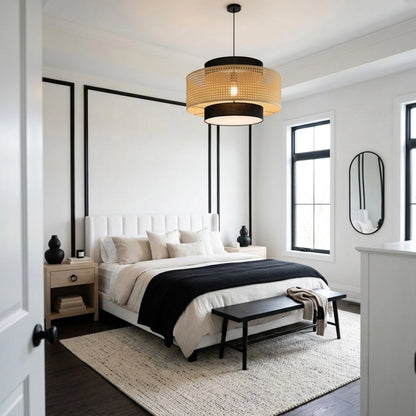 Nivara Black and Rattan Drum Pendant Light Bedroom