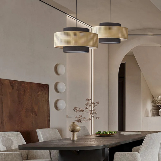 Nivara Black and Rattan Drum Pendant Light for wabi sabi room