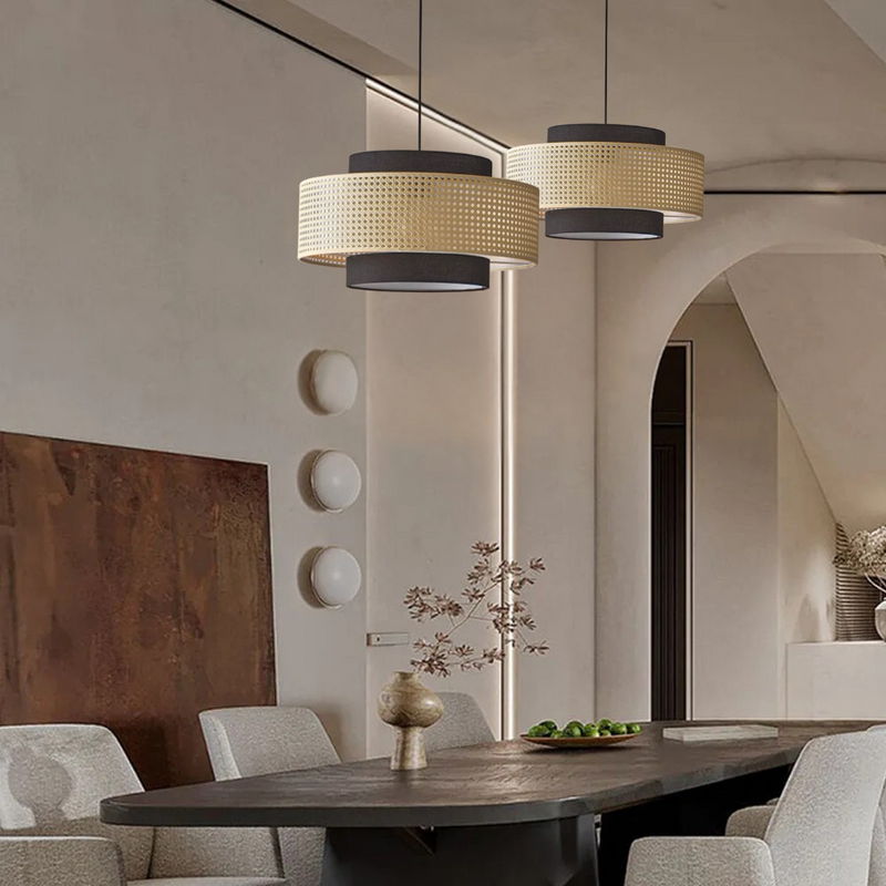 Nivara Black and Rattan Drum Pendant Light for wabi sabi room
